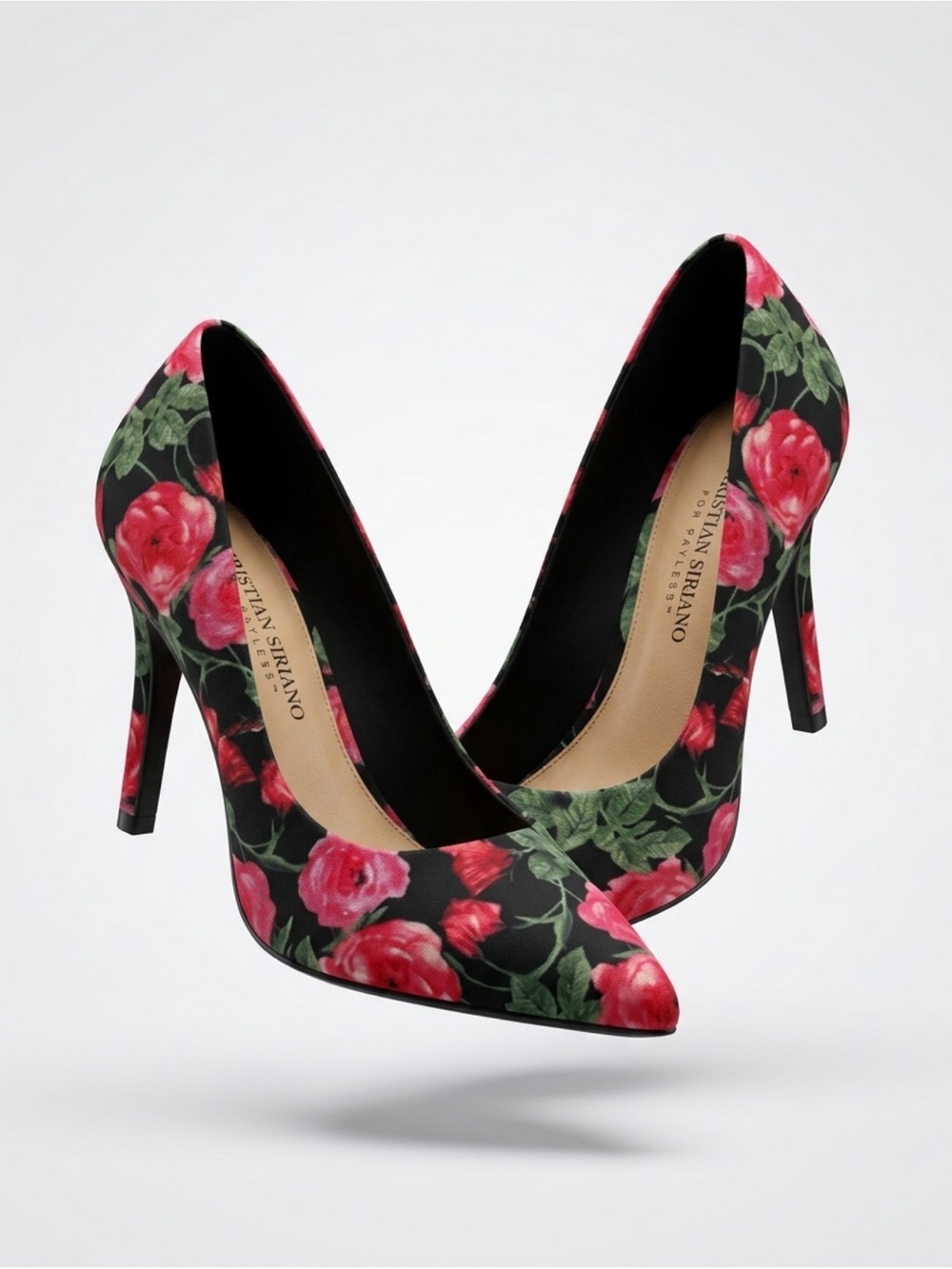 Christian Siriano Black Floral Red Rose Pointed-Toe Pumps stilleto heels